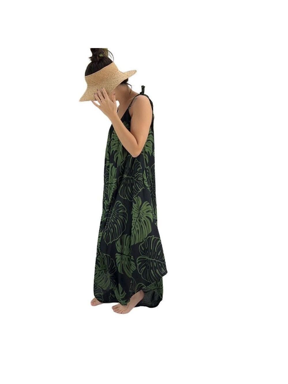 Pōʻalima Black Green Monstera Tropical Boho Wide Leg Beach Romper